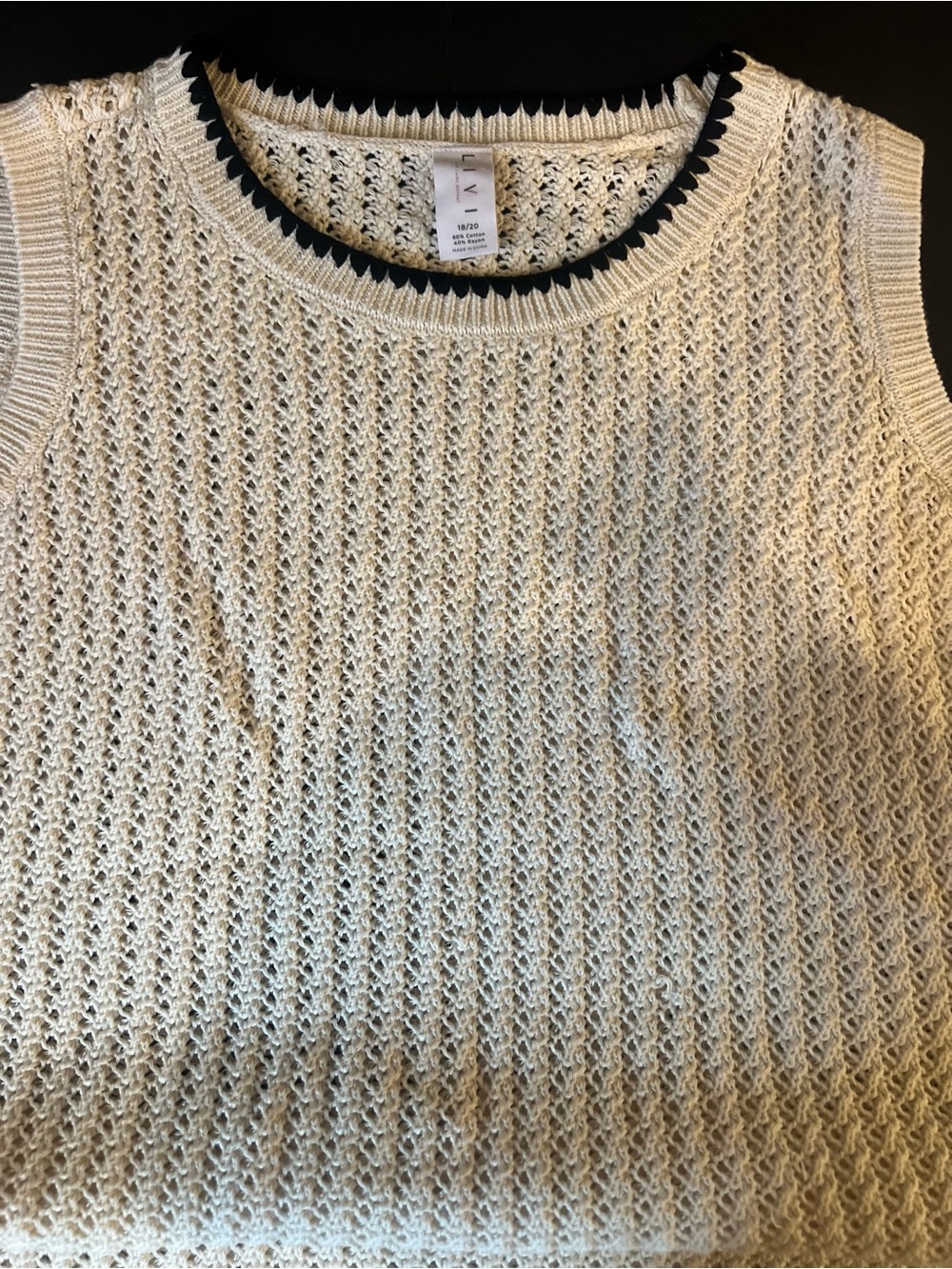 Livi Active Cream Open-Knit Sleeveless Crew with Black Trim